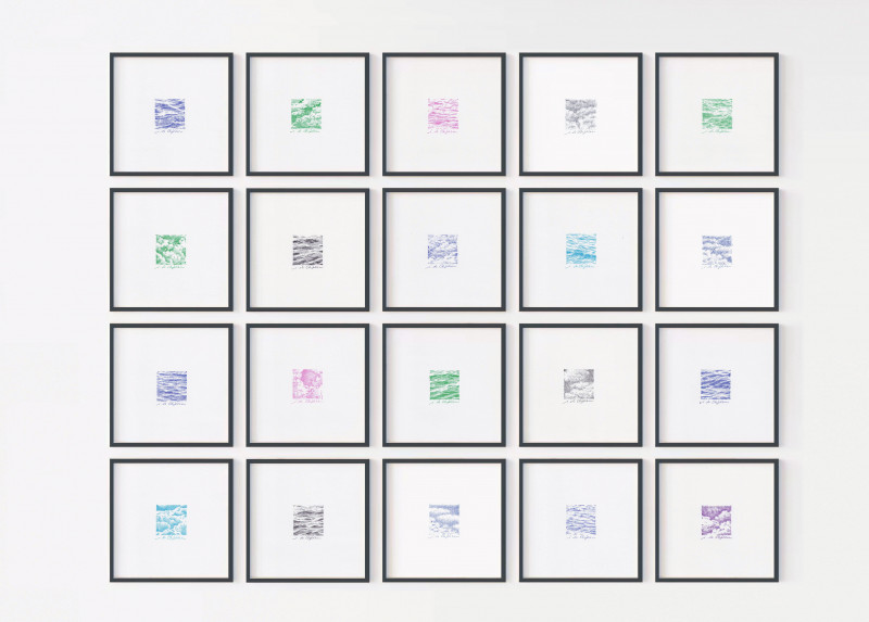 Composition de Nuages et d'Eaux, 2025 - Stylos à bille sur papier - 20x20 cm - Inès de Chefdebien